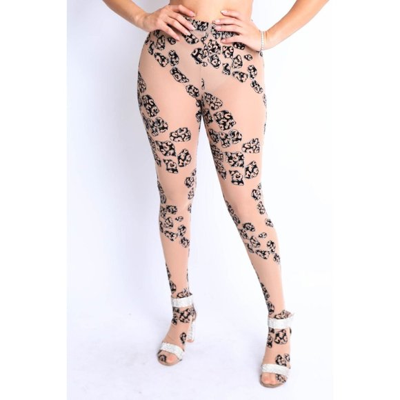 Women's Glittered Leopard Printed Mesh Footed Leggings Pants S M L - Picture 1 of 15